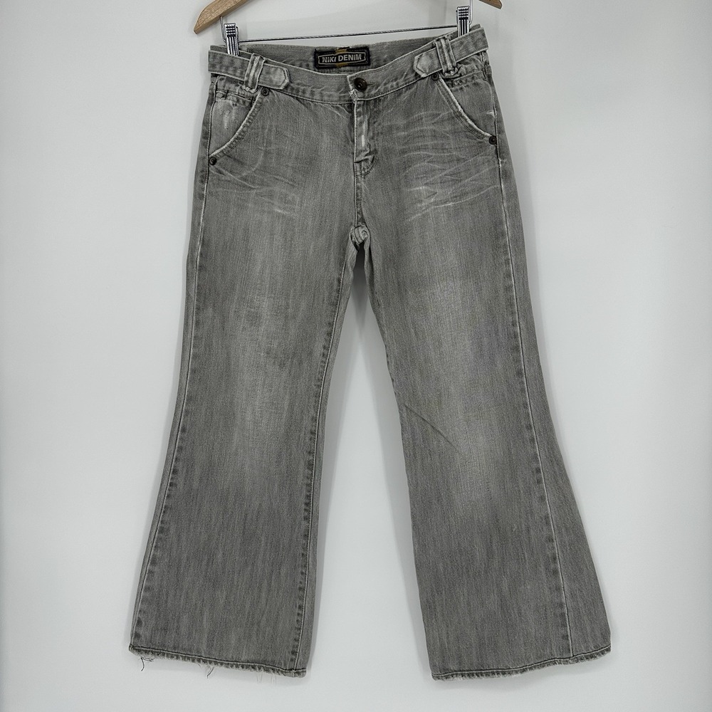 2000s NikiSix Denim low-rise flared jeans 30x26 wide leg gray Grunge Korean Y2K